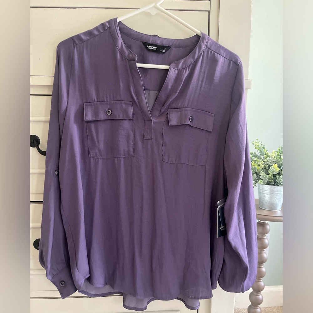 Simply Vera Wang Pocket Rolltab Popover Blouse Purple Small NWT